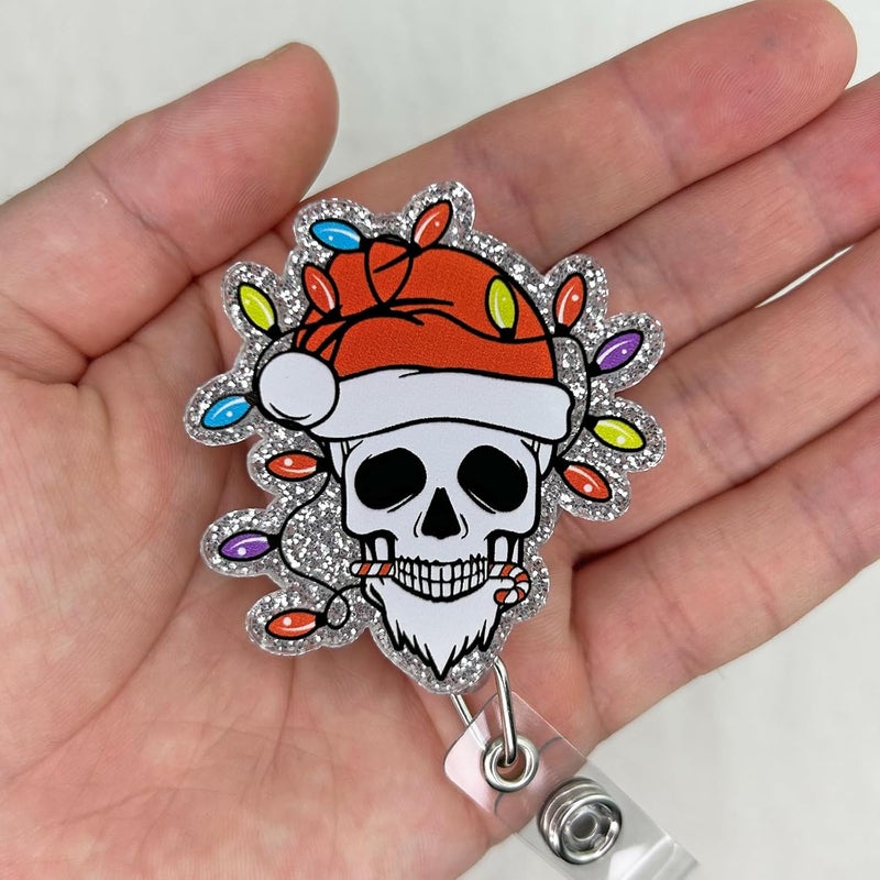 Bydevia Funny Santa Skull Christmas Badge Reel Retractable for Nurse Nursing Student RN MA CNA LPN Medical Worker & Teacher, Funny Holiday Nurse Gift, Glitter Radiology Xray Tech Christmas Badge Reel for Work - Image 3